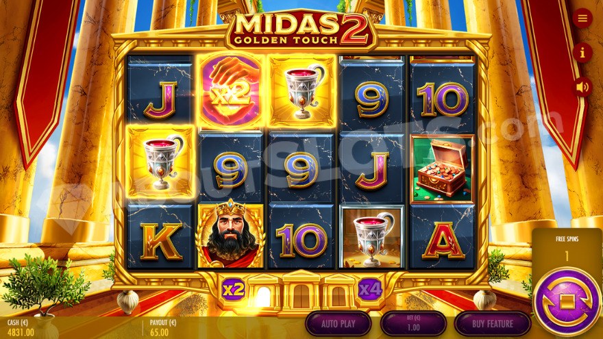 Free spins bonus game with a 2X multiplier wild symbol on the second reel.
