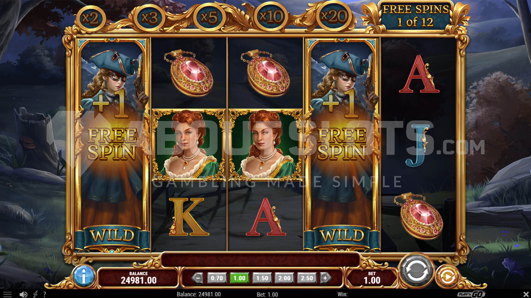 Free Spins Bonus with stacked wilds where 2 stacked wilds have landed on reels 1 and 4.