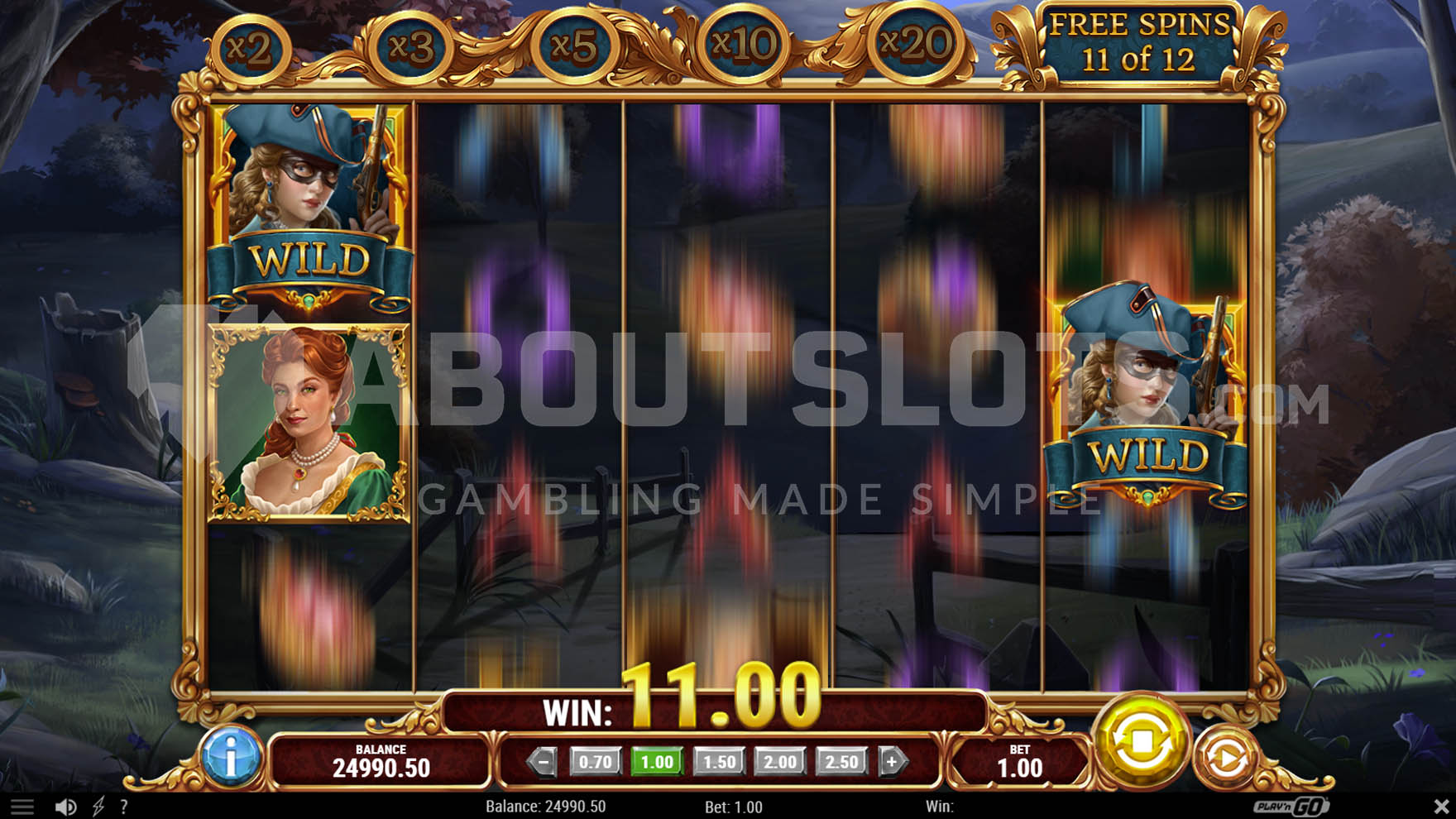Free Spins with roaming wilds where 2 roaming wilds have appeared on reels 1 and 5 during a spin.