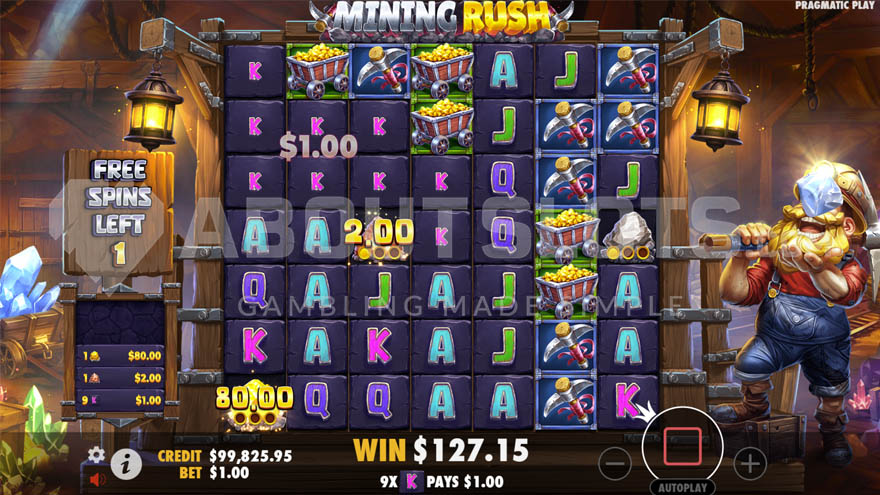 Mining Rush free spins bonus game.