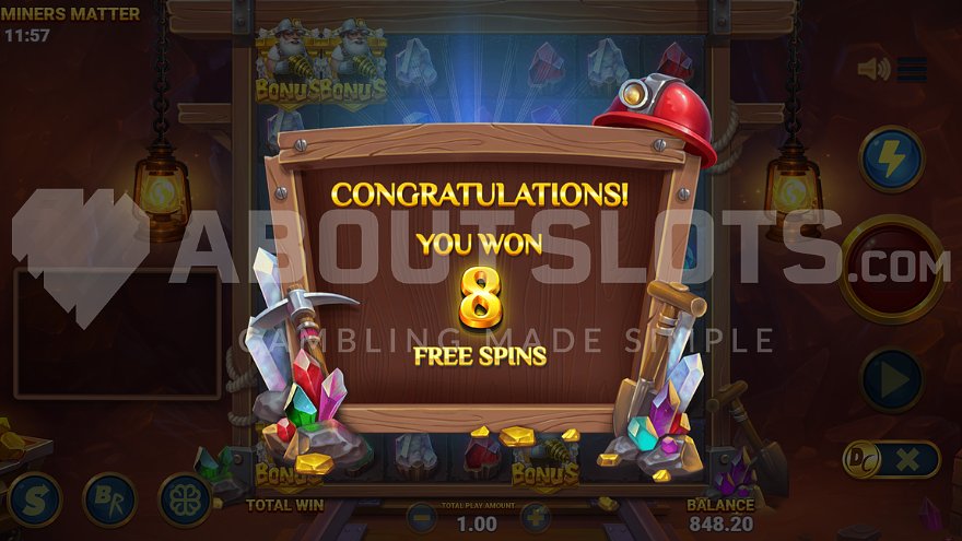 Screenshot congratulating the player on 8 free spins.