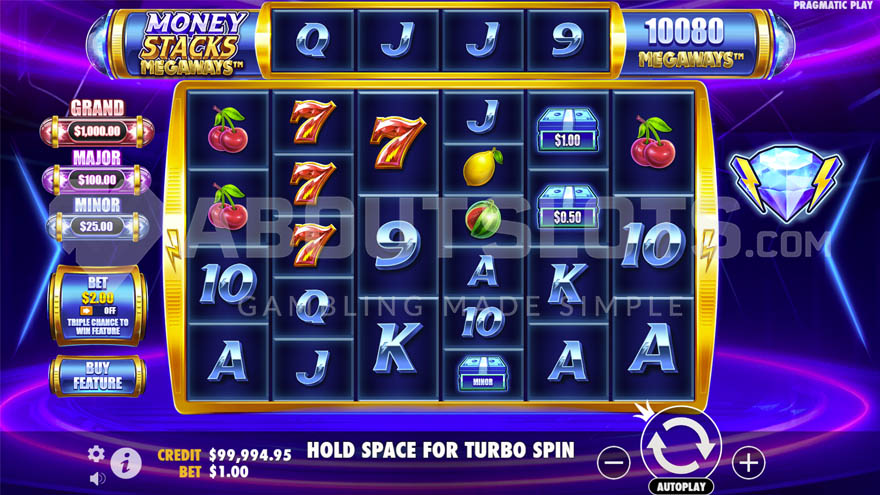 Base game with a mix of standard and special symbols on the reels.