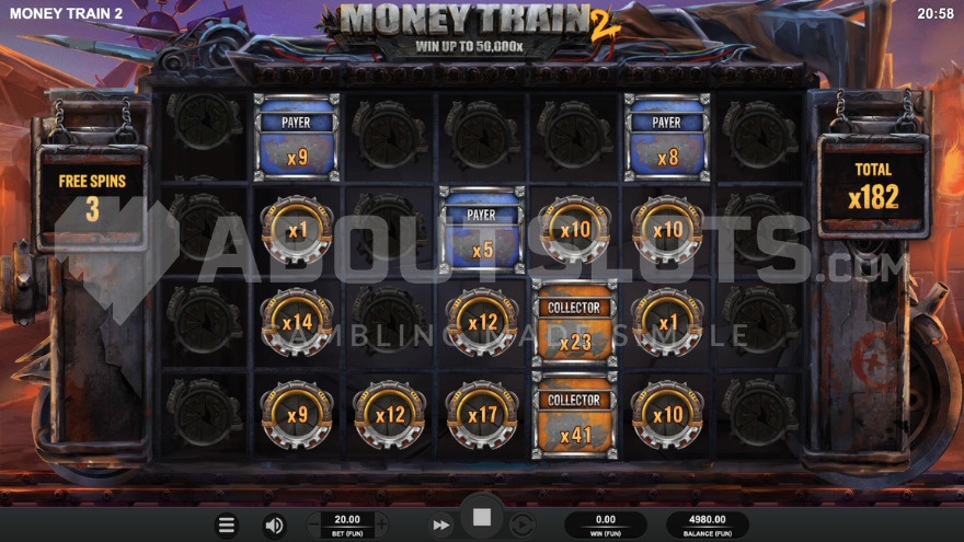 Money Cart Bonus Round with a running total win of 182X.