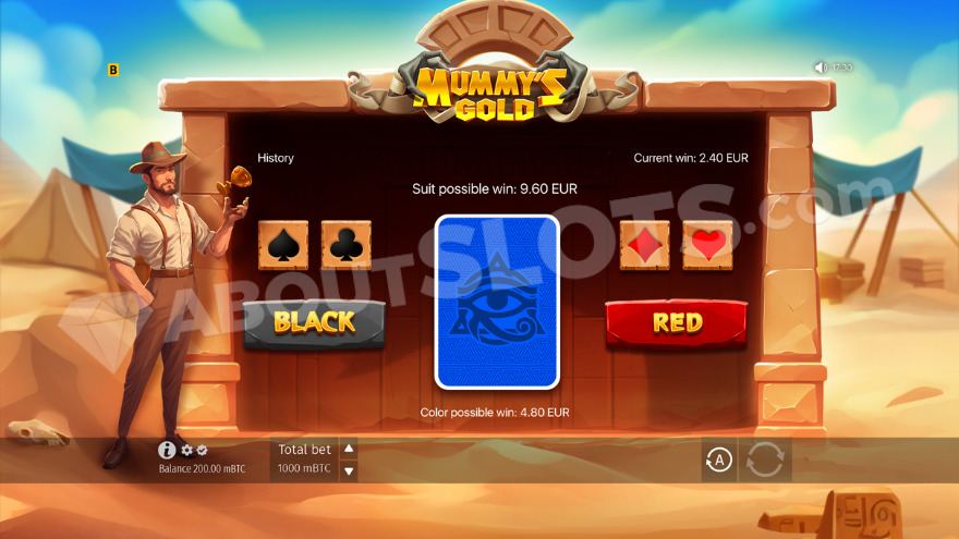 Demonstration of the Gamble Round feature in Mummy's Gold slot.