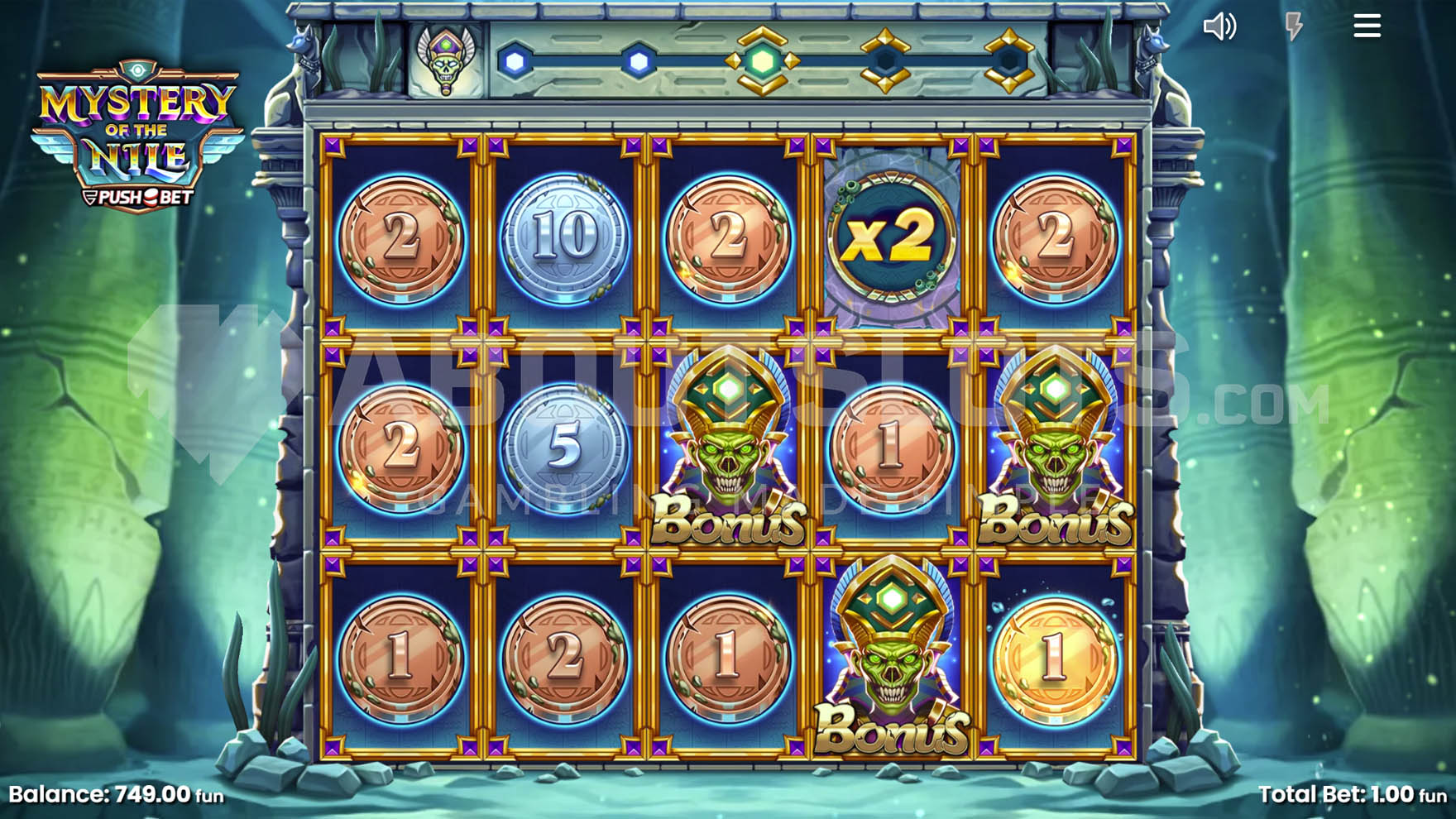 Pharaoh Reveal feature in action, filling all 5 reels with numerous instant prizes, a x2 multiplier, and 3 Bonus Symbols.