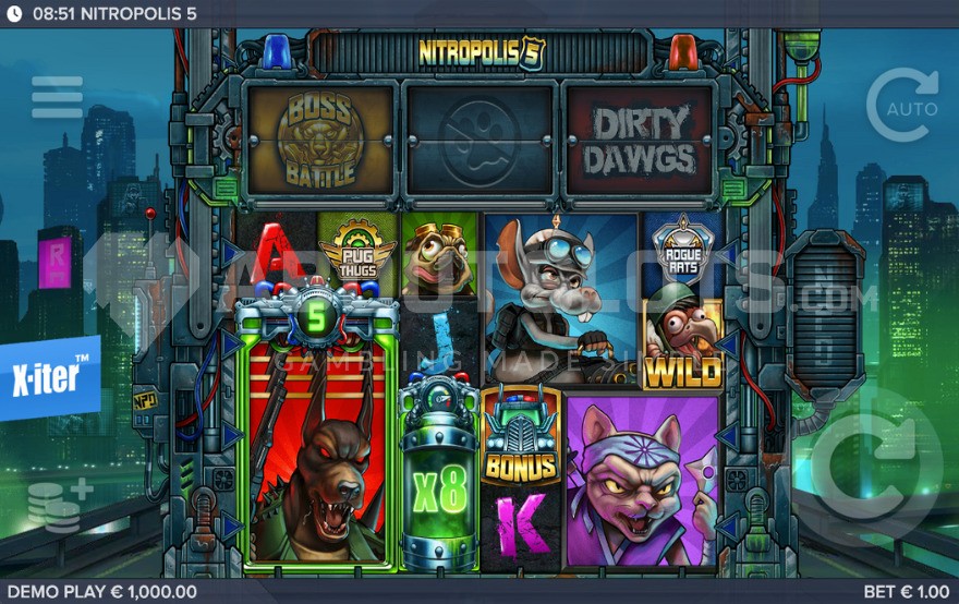 Base game with a wild symbol on the sixth reel in Nitropolis 5 slot.