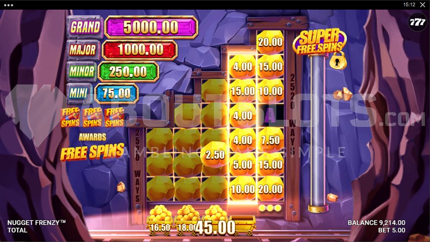 9x win with Money Symbols on reel six in Nugget Frenzy.