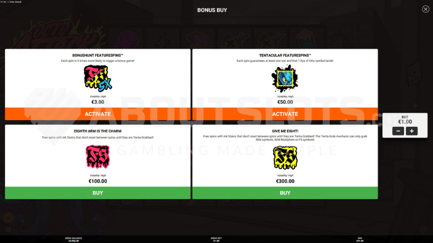 Feature Buy menu with 4 different options to choose from in Octo Attack.