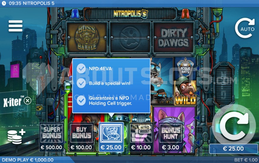 Feature Buy option with five choices in Nitropolis 5 slot.
