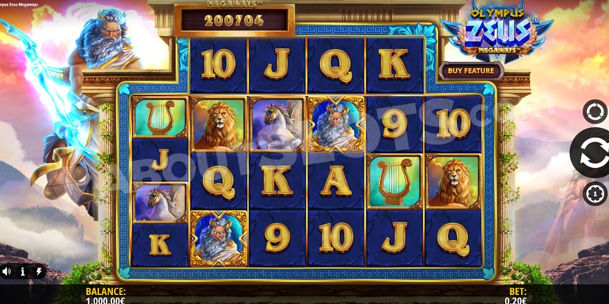 Lions, Pegasus, and Zeus among royal symbols on the Megaways grid.