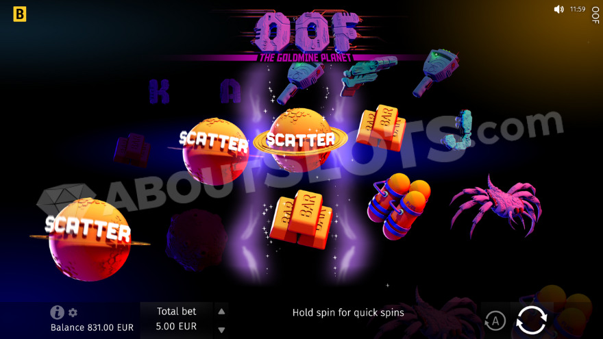 Free spins activation with three scatter symbols on the reels.