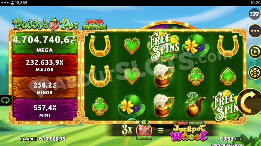 Base game with Mega Moolah jackpots to the left of the reels.