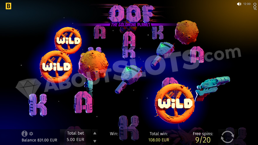 Free spins bonus game with three wild symbols on the reels.