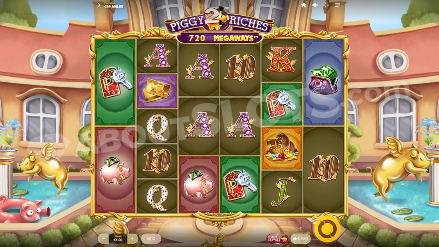 Base game with golden pig statues flanking the reels.