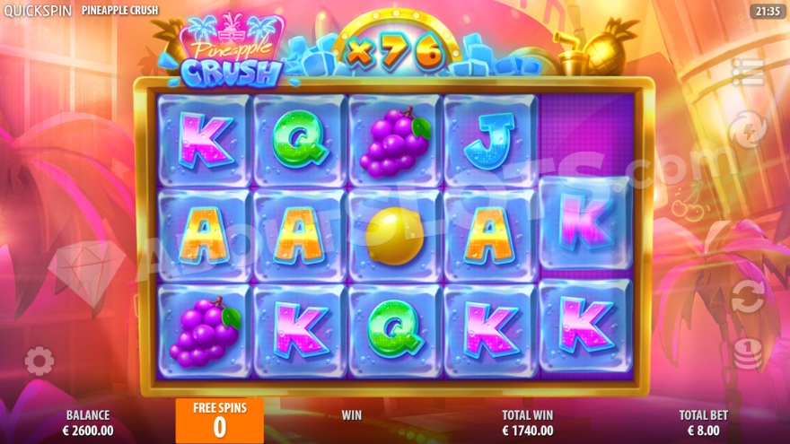Pineapple Crush Free Spins Feature Screenshot with 76x Multiplier