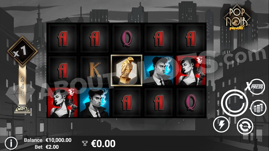 PopNoir slot game interface on a monochrome background.