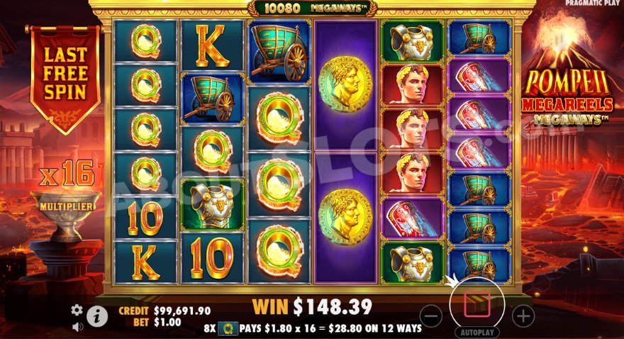 Free Spins bonus game with a 16X multiplier visible on the left.
