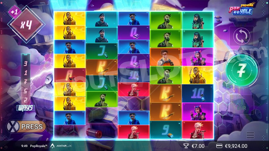 7, 8 и 9 рядов на барабанах и множитель 4X в режиме бесплатных вращений.