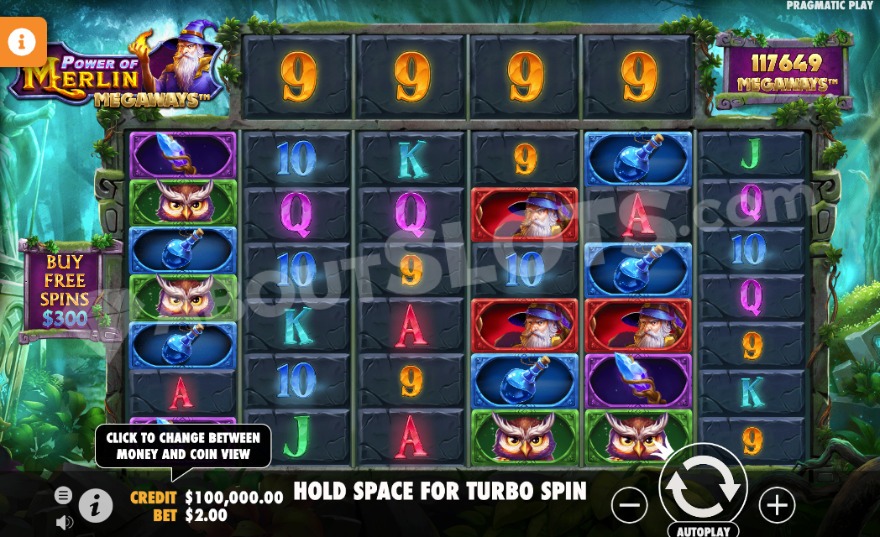 Gameplay in Power of Merlin Megaways with an enchanted forest backdrop.