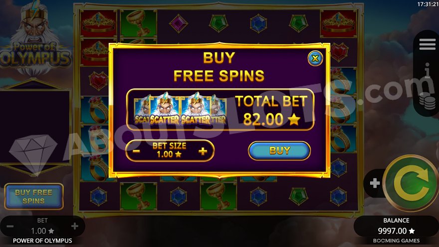 Menu offering free spins for 82X the bet.