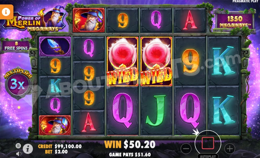 Free Spins bonus game in Power of Merlin Megaways with two wild symbols created.