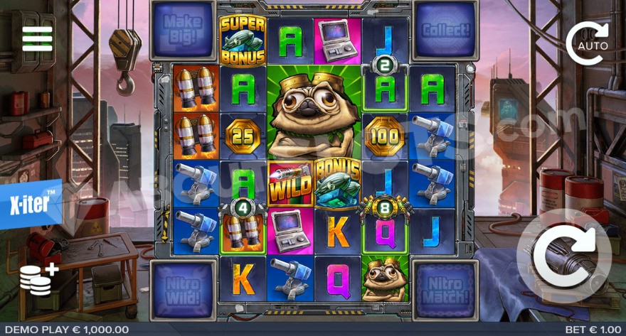 Pug Thugs of Nitropolis slot game interface with pug and other symbols on reels.