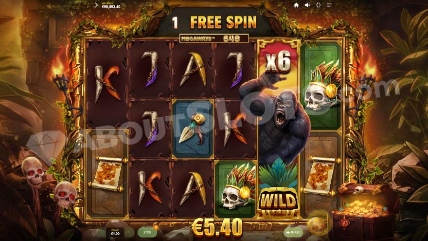 Free Spins bonus game with a 6X Primate Wild on the fifth reel.