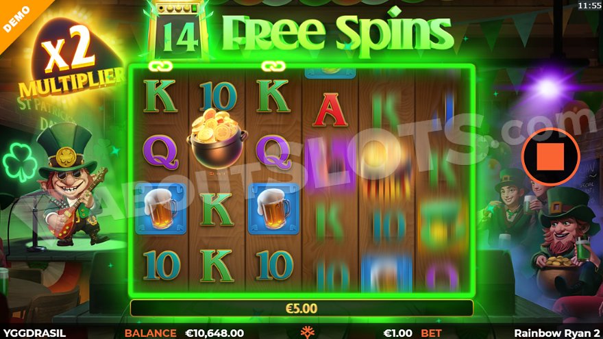 Main character playing electric guitar next to reels, 14 free spins remaining.