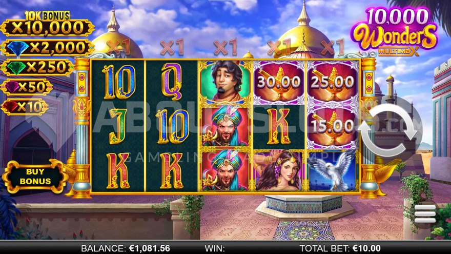 Gameplay in 10,000 Wonders MultiMax slot with jackpots displayed.