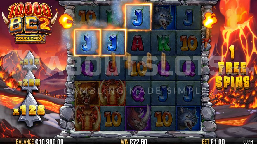 128X multiplier in free spins mode during 10,000 BC 2 DoubleMax gameplay.