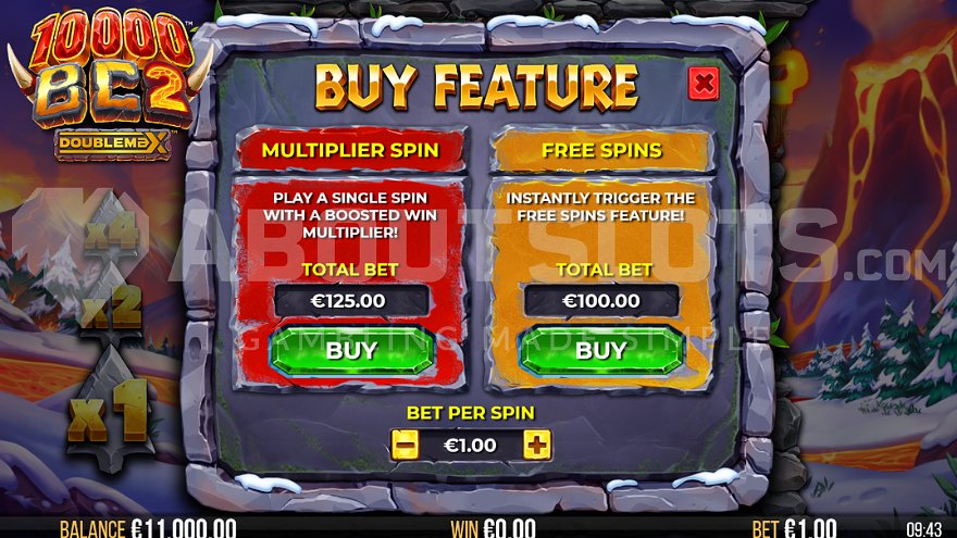 Feature Buy screen offering free spins for 100x the bet.