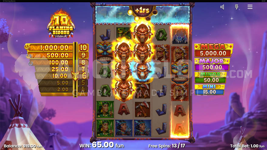 Free spins bonus game with six flaming bison on the reels.