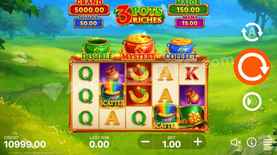 Main game view with a green field behind the reels.