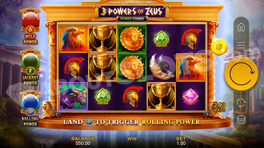Casino game screen with 5 reels in a Greek mythology style.
