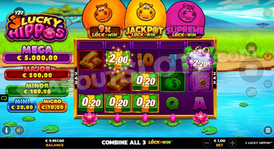 Cash Collect feature in 3 Lucky Hippos slot with jackpots displayed on the left.