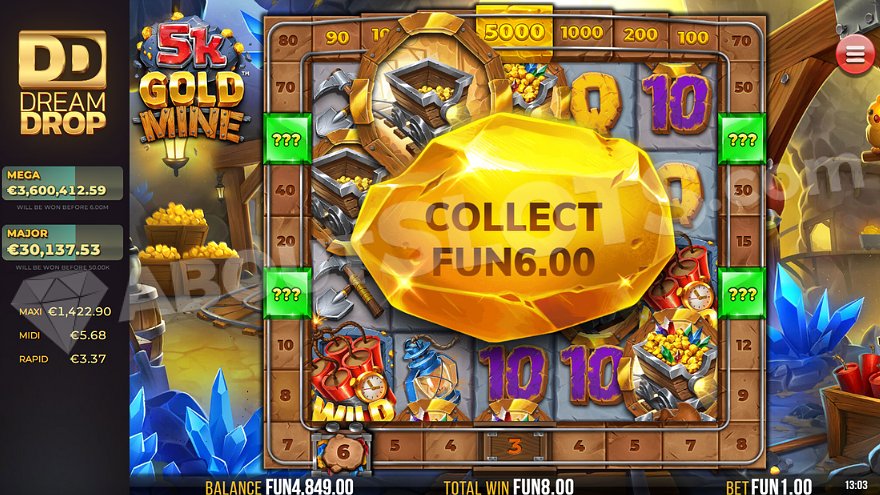 A gold nugget landing for a 6x stake win on the Gold Trail