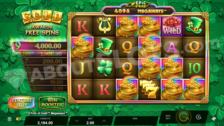 Nine pots of gold on the reels trigger the maximum Epic Strike prize of 2000x the stake.