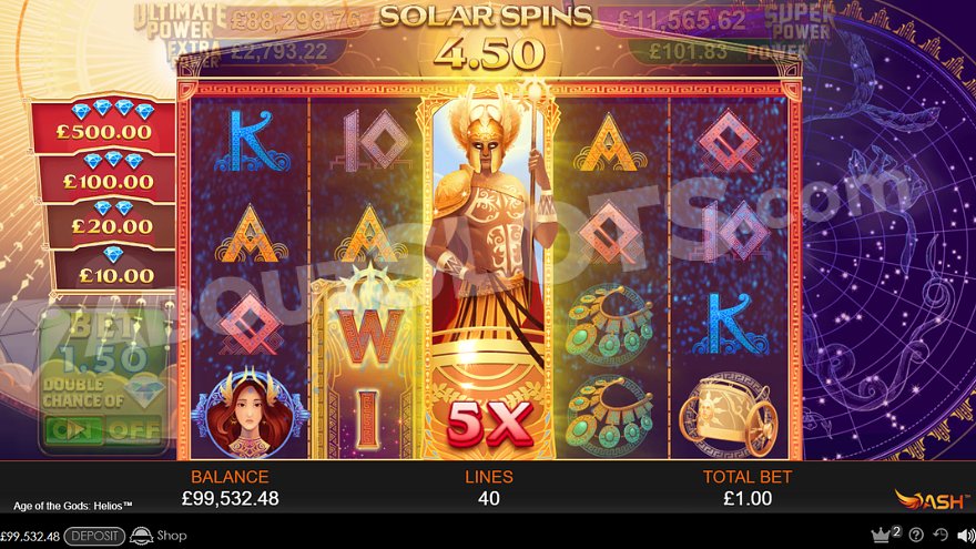 The Collection Symbol, depicted by Helios, occupies all positions on the third reel.