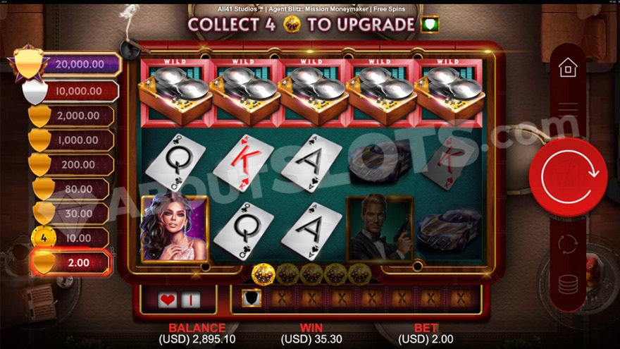 Collecting chip symbols into a meter, where the meter is shown to the left with a potential 10000X win.