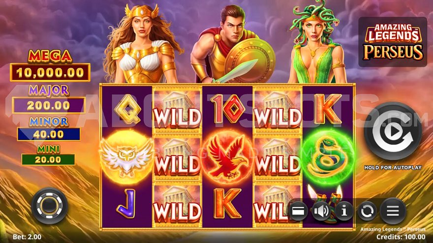 Amazing Legends Perseus slot game featuring Perseus, Athena, and Medusa above the reels.