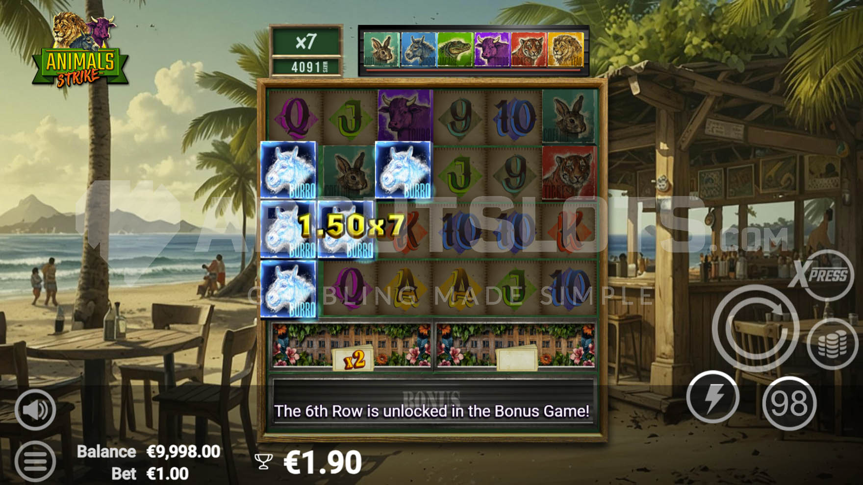 Animals Strike base game view with partially unlocked grid and a winning combination of 3 symbols with an x7 multiplier.