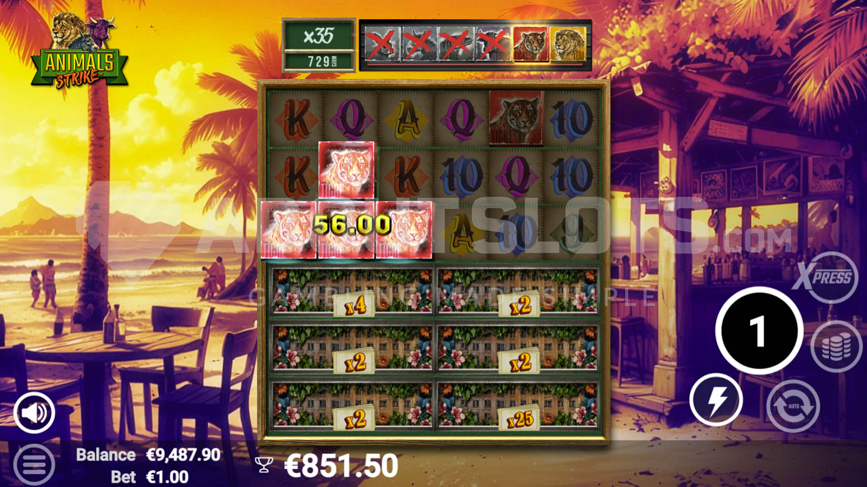 Animals Strike Free Spins bonus in progress, showing an accumulated x35 multiplier and 4 out of 6 premium symbols crossed out.