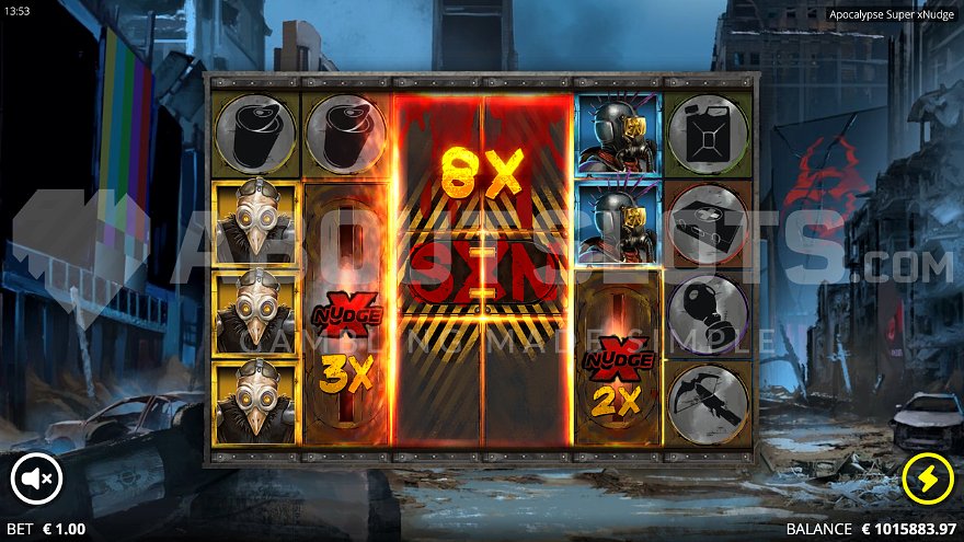 8X Super xNudge Wild on reels 3 and 4.