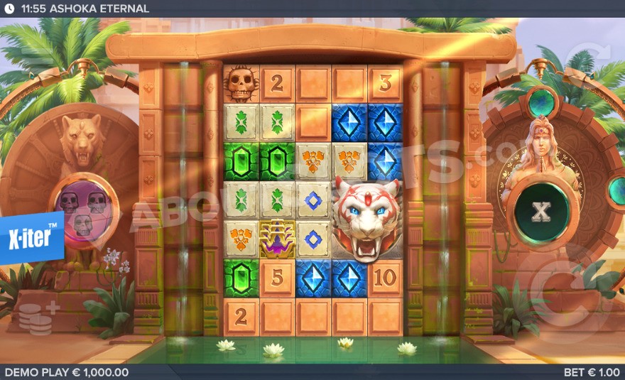 Gameplay with temple backdrop in Ashoka Eternal slot.