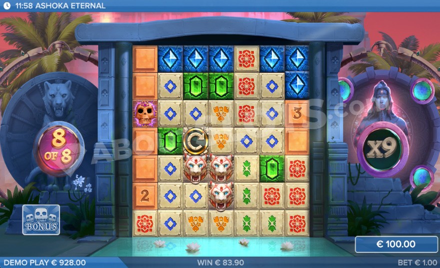 Bonus Game in Ashoka Eternal with a 9x global multiplier.