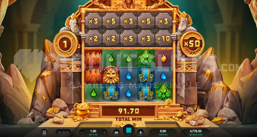 Super Free Spins bonus game with a current win multiplier of 50X on the right.