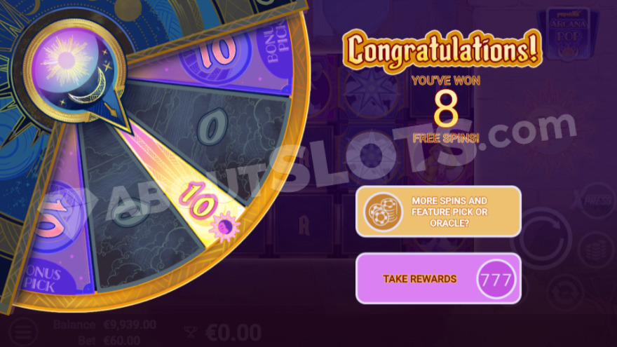 Free Spins introduction with Gamble Wheel feature option.