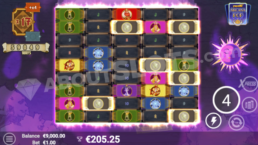 Free Spins bonus game with current win multiplier of 17X to the left.