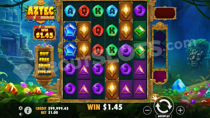Gameplay of Aztec Powernudge with gem symbols and jungle background.