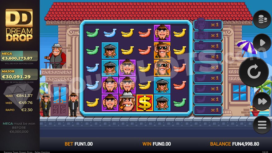 Gameplay of Banana Town Dream Drop slot showing the game grid against a house backdrop with three dressed monkeys on the left.